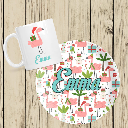 Christmas Flamingo mug and plate set