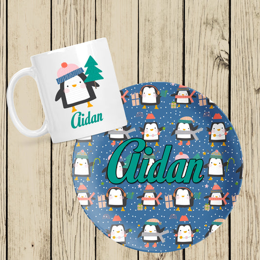 Festive Penguin mug and plate set